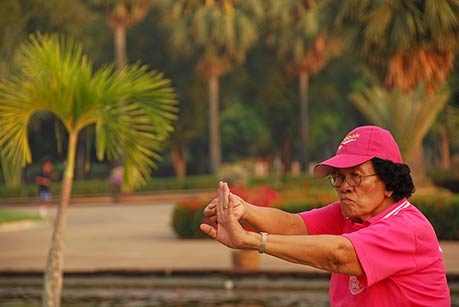 Relaxation exercises, Sukhothai, Thailand