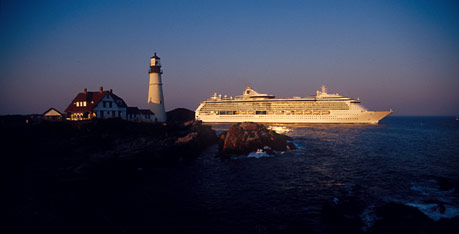 Ship passing Portland lighthouse, Maine